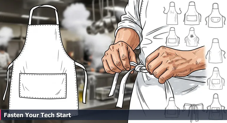 Close-up of nervous hands tying a white apron in a professional kitchen competition, with blurred activity and steam in the background.