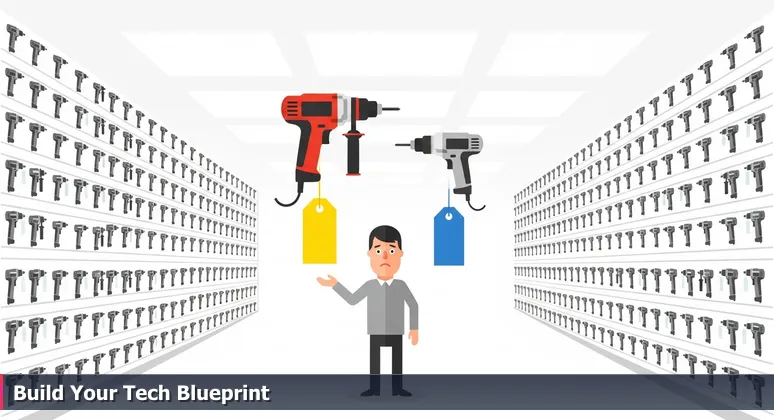 A person in a hardware store aisle comparing power drills, symbolizing the choice of AI bootcamps for a tech career in McKinney, TX
