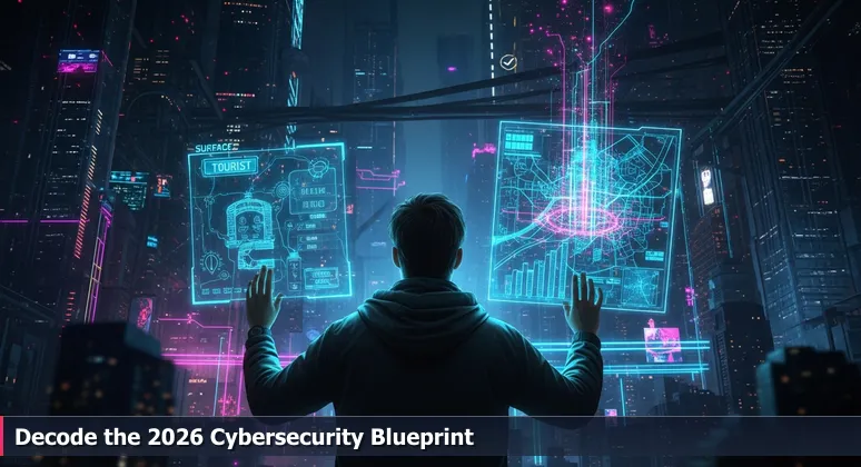 A cybersecurity professional at a crossroads in McKinney, TX, comparing a simple job map with a detailed blueprint of the 2026 hiring landscape.