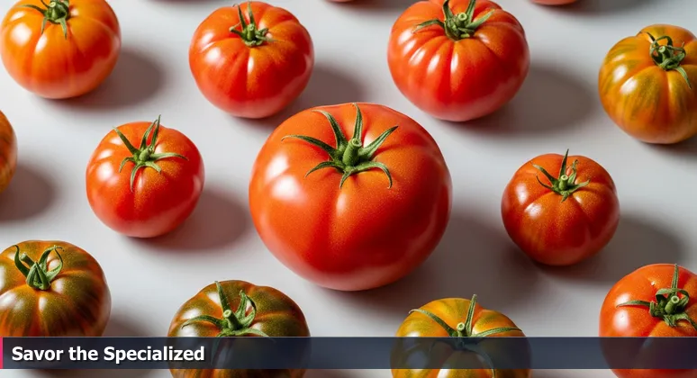 Close-up of a hand choosing between a glossy supermarket tomato and a vibrant heirloom tomato at McKinney Farmers Market, symbolizing specialized AI career paths.