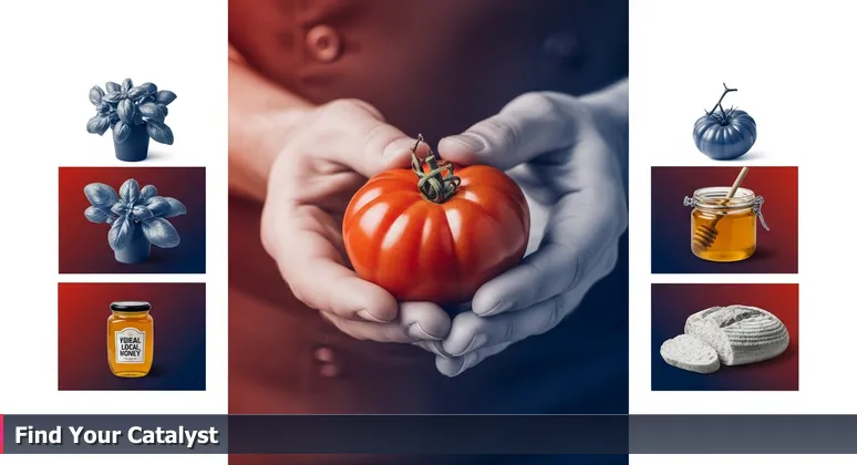 A chef's hands selecting a vibrant heirloom tomato at McKinney Farmers Market, symbolizing the deliberate choice of a tech workspace.