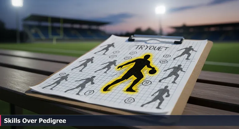 A football scout's clipboard with handwritten notes evaluating player talent, symbolizing tech hiring in McKinney based on skills over degrees.