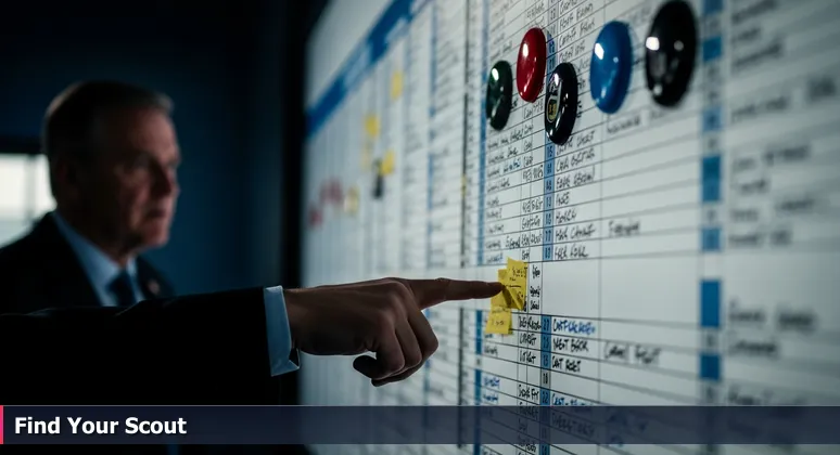 A scout's hand points to a magnet on an NFL draft board in a dim war room, symbolizing startup selection of junior developers in McKinney's tech scene.