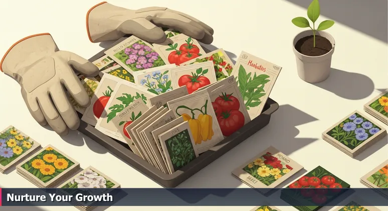 Hands in worn gardening gloves holding a tray overflowing with colorful seed packets, with a single healthy seedling in a pot, representing the abundance of tech community choices in McKinney.