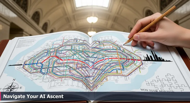 A hand tracing the PATH train map at Exchange Place station in Jersey City, focusing on the red line to World Trade Center as a metaphor for navigating an AI career.