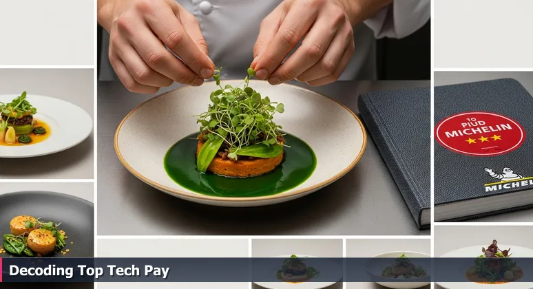 A chef's hands placing microgreens on a dish with a Michelin guide and 3-star sticker, symbolizing the analysis of top tech compensation in Jersey City.