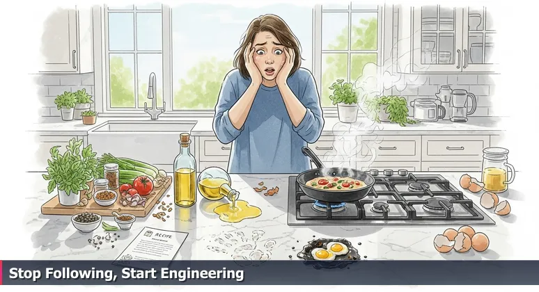 A frustrated cook in a modern kitchen holding an AI recipe, with perfect ingredients and a burnt AI model in a pan, symbolizing practical AI engineering challenges in Jersey City.