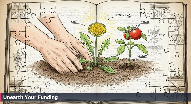 A hand in a Jersey City community garden uncovers a dandelion growing next to a tomato seedling, symbolizing hidden funding opportunities for tech training in 2026.