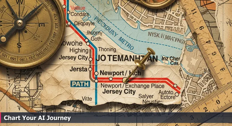A worn transit map highlighting PATH lines from Jersey City to Manhattan, with a finger pointing to stations, symbolizing the search for optimal AI career paths.