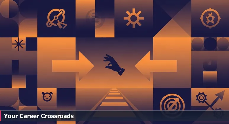 First-person view from Exchange Place PATH station in Jersey City, with two train tracks diverging and signs pointing to 33rd Street NYC and Hoboken, symbolizing tech career choices.