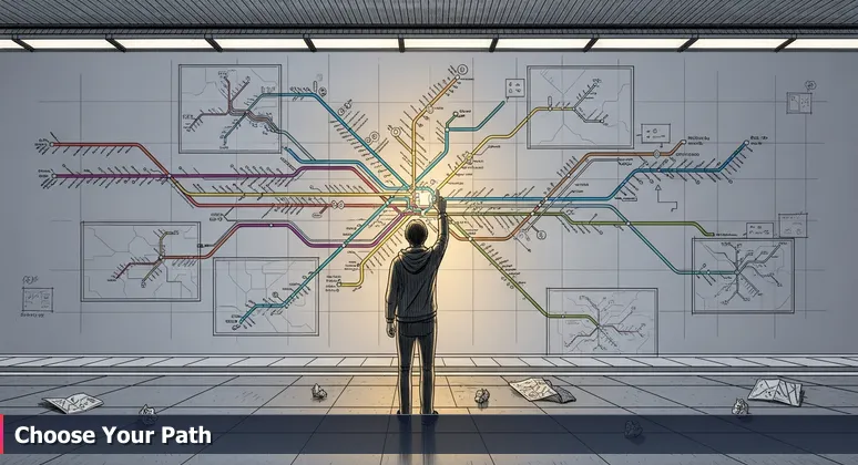 A person on the PATH platform in Jersey City analyzing a subway map, symbolizing career path choices in AI bootcamps.
