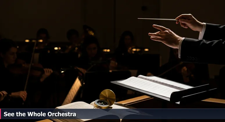 A conductor's hand poised with a baton against a blurred orchestra, symbolizing the anticipation and complexity of cybersecurity job opportunities in Jersey City for 2026