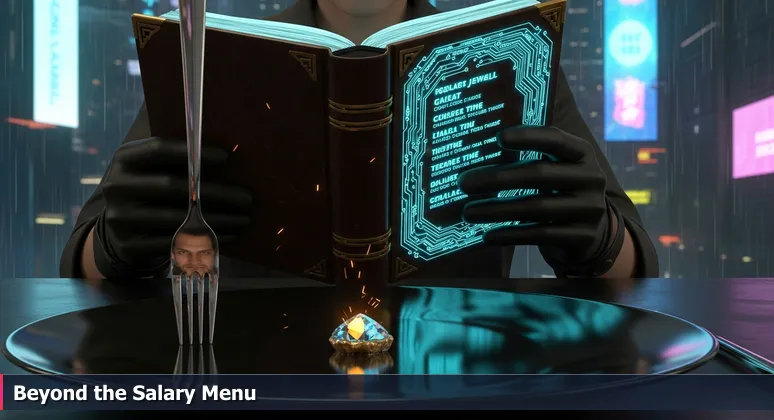 Close-up of hands holding a restaurant menu beside a small dish on a large plate, with a fork reflecting a thoughtful face, illustrating cost versus value.