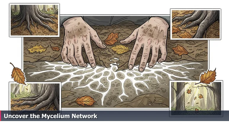 Close-up of weathered hands brushing leaf litter to reveal a glowing mycelium network on a forest floor, symbolizing hidden AI career opportunities in Jersey City's foundational industries.