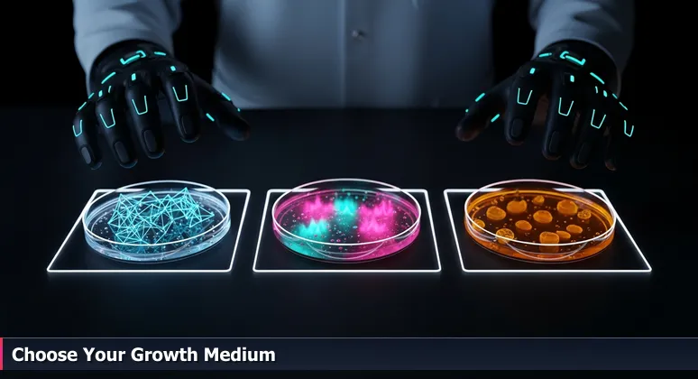Close-up of gloved hands selecting petri dishes with different growth media, symbolizing the choice of coworking spaces in Jersey City for tech innovation.