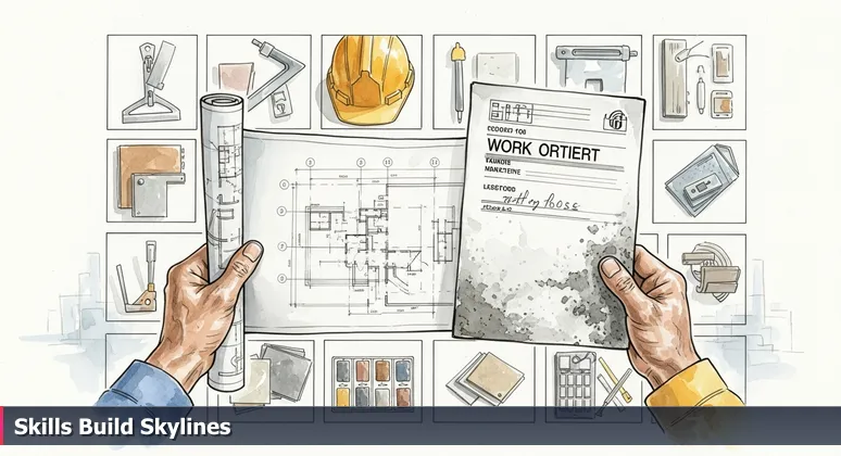 Hands holding a blueprint and work order for a skyscraper, symbolizing tech skills over degrees in Jersey City's job market.