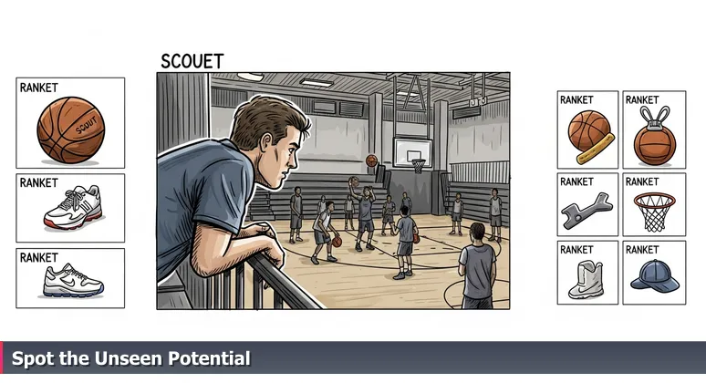 A scout in a dim high school gym bleachers intently watching a basketball tryout, focusing on a raw player making an intelligent cut to the basket.