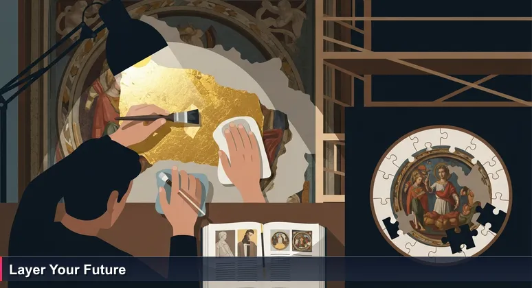 Hands delicately applying gold leaf to a Renaissance fresco during restoration, symbolizing the layered skill-building for an AI career in Italy