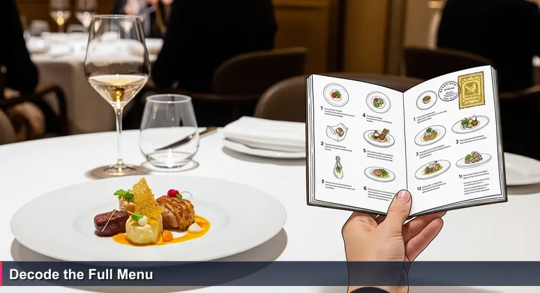 A person in a Milan restaurant focuses on a top 10 guidebook, missing the gourmet dish on the table, symbolizing the irony of chasing rankings over substance.