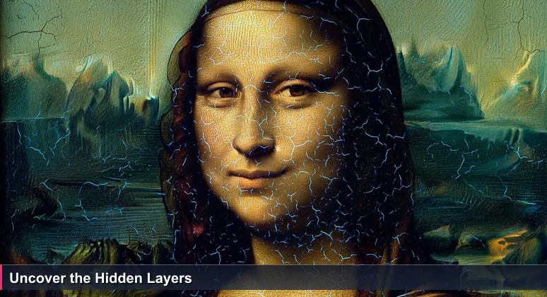 Close-up of the Mona Lisa painting with fine cracks in the varnish, symbolizing the hidden complexities of Italy's tech career landscape for 2026.
