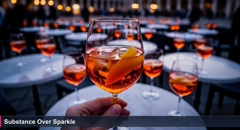 Close-up of an aperitivo glass in a Milanese piazza at dusk, symbolizing discernment among Italy's top AI startups.