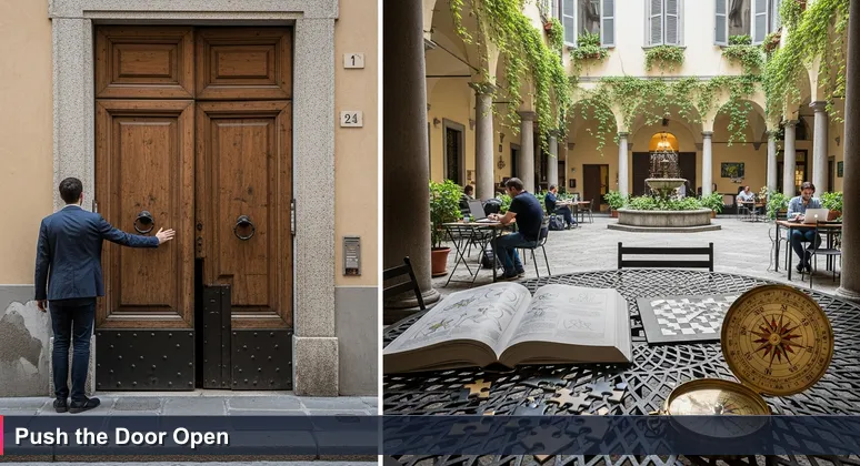 A hand pushing open a weathered door in Milan to reveal a sunlit courtyard with people working on laptops, symbolizing hidden tech training funding opportunities.