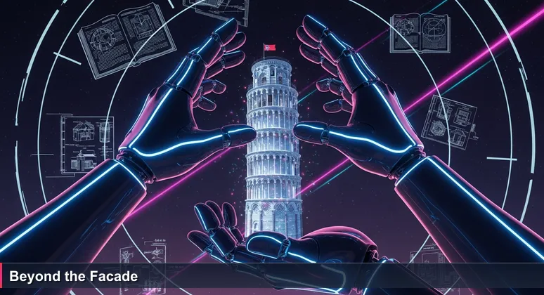 Hands gesturing to hold up the Leaning Tower of Pisa against a blue sky, representing the superficial view versus hidden complexities of AI salaries in Italy.