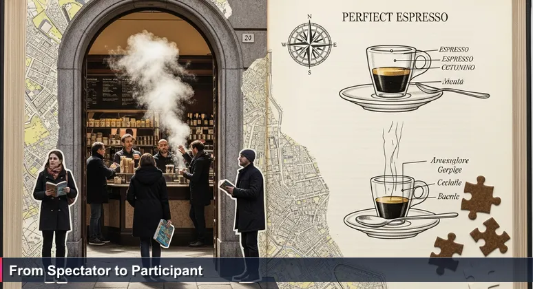 A person observing a Milanese espresso bar's morning ritual, symbolizing the challenge of joining Italy's AI networking communities without cultural insight.