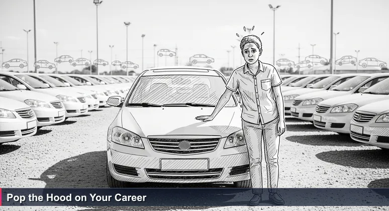 A young adult examines car engines in a sun-baked used car lot on the outskirts of Milan, symbolizing the choice of tech career pathways in Italy.