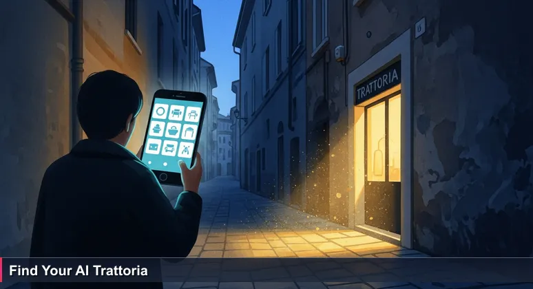 A traveler in a narrow Milan alley at dusk stares at a phone with generic lists, while a hidden trattoria glows nearby, symbolizing the search for the perfect AI bootcamp.