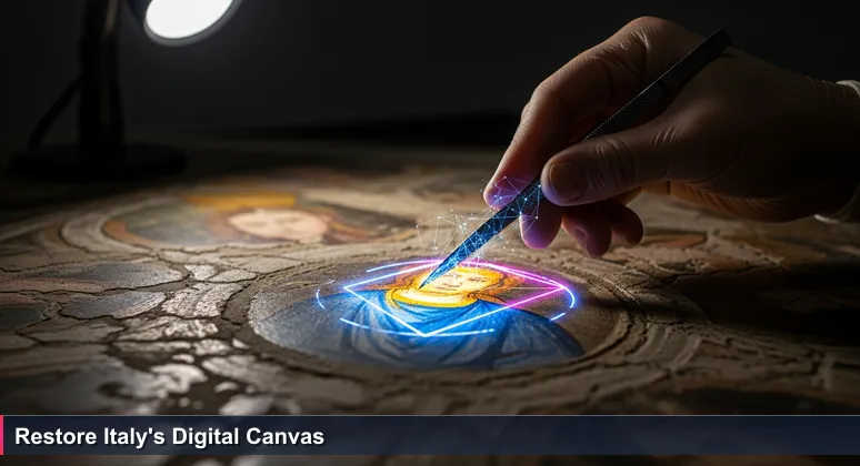 A close-up of a Renaissance fresco restoration in progress, with a gloved hand holding a scalpel over cleaned vibrant patches and dark grime, symbolizing the precision needed for cybersecurity in Italy.