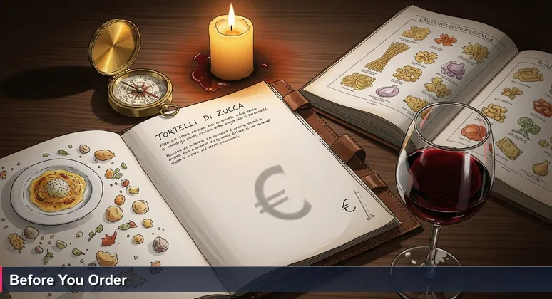 Close-up of a leather-bound menu in a Milanese restaurant with a poetic food description and a ghosted euro symbol on the price page.