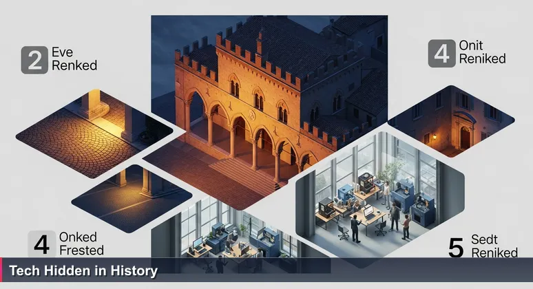 Historic Italian library facade at dusk with interior view of a modern tech lab featuring 3D printers and collaborative workspaces.