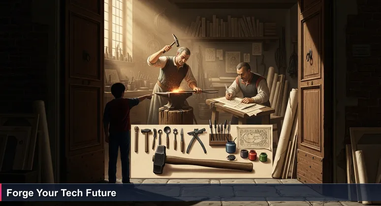 A Renaissance apprentice's perspective looking into a vibrant workshop with craftsmen collaborating, symbolizing the choice of modern tech hubs in Italy for tech professionals.