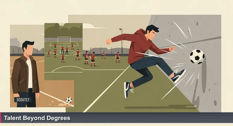 A talent scout watches a young person practicing tech skills in a dusty Milanese football campetto, symbolizing skill-based hiring in Italy's tech industry.