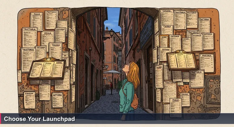 A tourist overwhelmed by choices in a narrow Roman alley, staring at a wall of glowing restaurant menus at dusk.