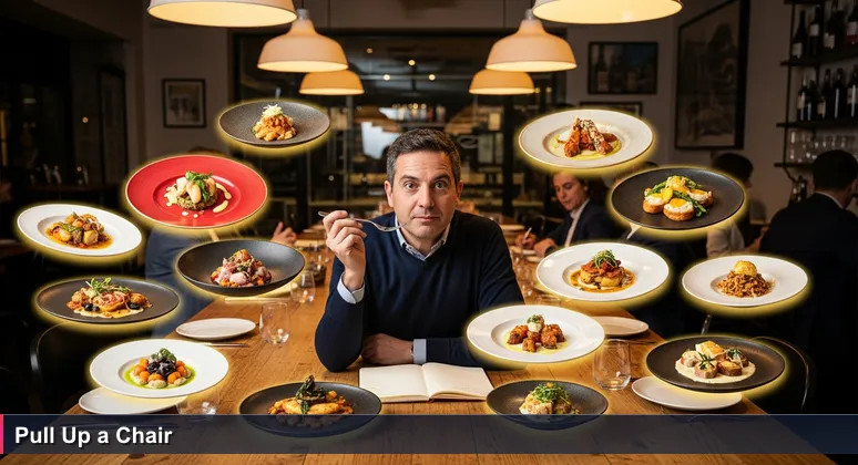A food critic in a Milanese trattoria sampling dishes that symbolize different women in tech communities across Italy, representing diverse support networks and communal warmth.