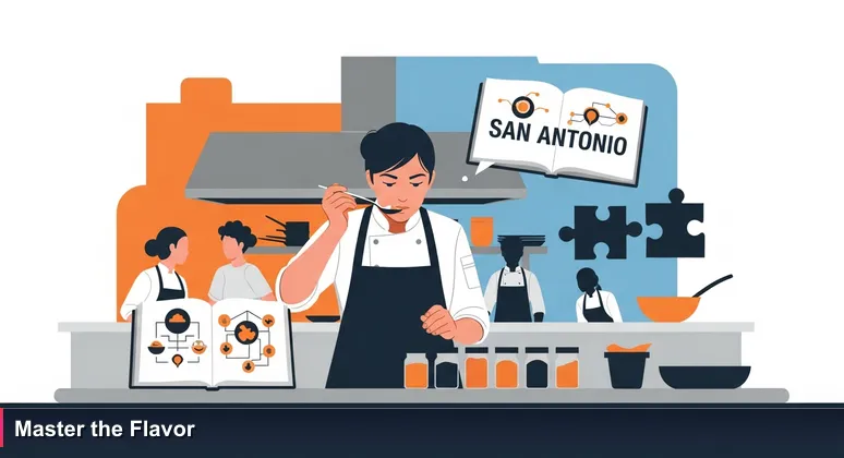 A chef in a San Antonio kitchen tasting sauce with focused hesitation, symbolizing AI career mastery under pressure.