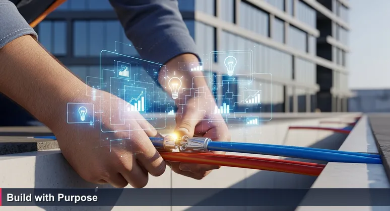 Construction worker's hands connecting cables in a trench, symbolizing San Antonio's foundational tech growth, with H-E-B's Arsenal Campus in the background.