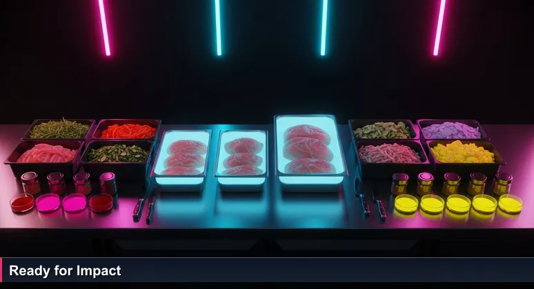 A chef's organized mise en place with colorful ingredients on a stainless steel counter in a San Antonio restaurant, symbolizing the prepared and pragmatic AI startup scene.