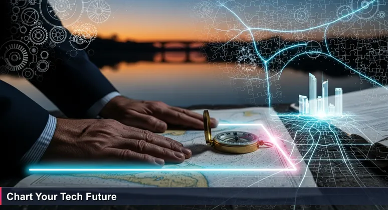 Weathered hands plotting a course on a nautical chart overlaid with San Antonio's tech corridors and USAA headquarters at dusk