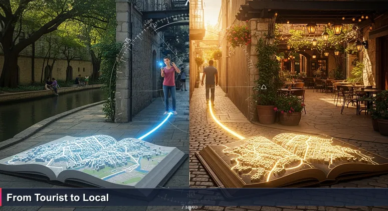 A tourist on San Antonio's River Walk looks confused at a map, while a local guides through a hidden alley to a vibrant courtyard where AI professionals network.