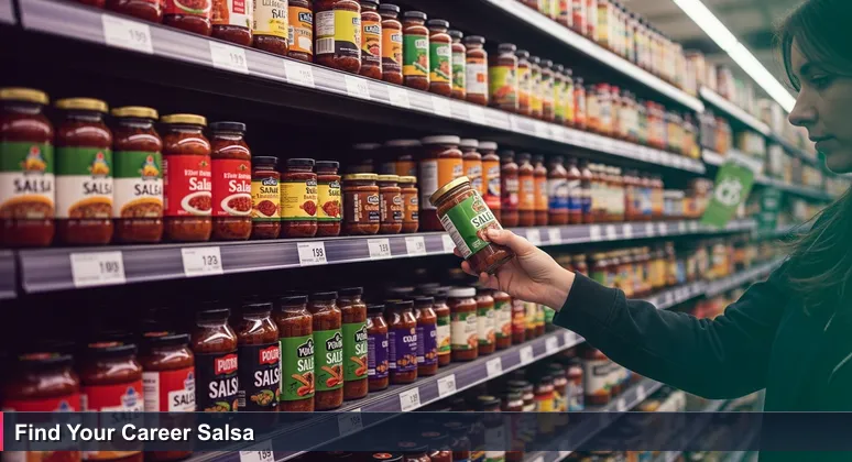 A shopper in a San Antonio H-E-B store aisle, comparing salsa jars labeled with tech career programs like USAA and H-E-B Digital, symbolizing choice in the local job market.