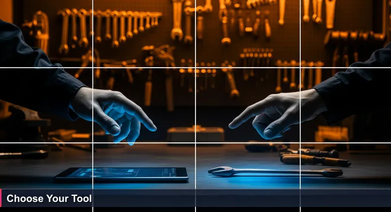 A mechanic's hand choosing between a digital tablet and a wrench on a workbench, symbolizing the decision for AI bootcamps in San Antonio.