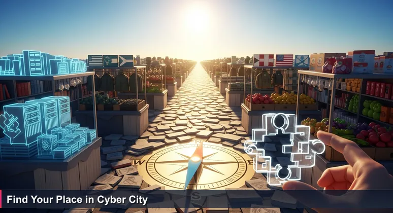 First-person view of a bustling Texas farmer's market with stalls symbolizing different cybersecurity job sectors in San Antonio, including defense, cloud tech, and enterprise