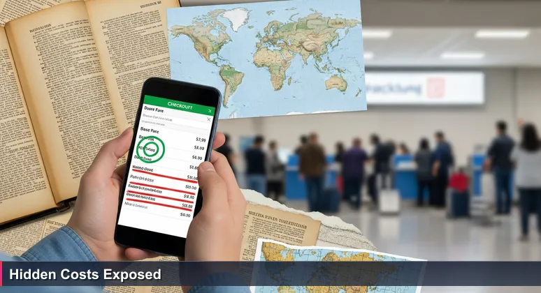 Smartphone screen showing a flight booking with low base fare but high add-on fees, symbolizing hidden costs in San Antonio's living expenses for tech professionals.