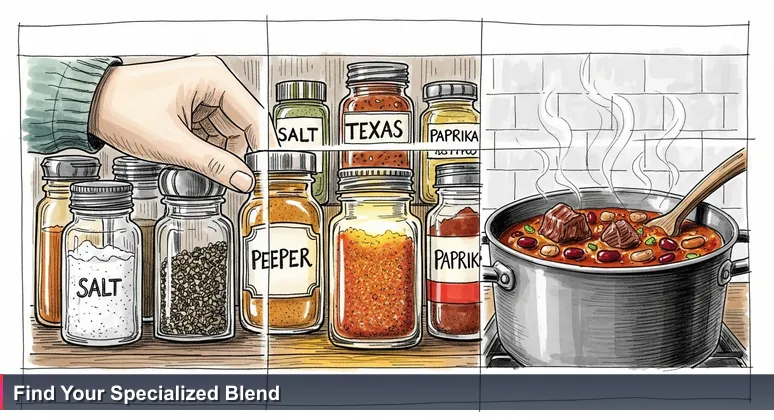 Close-up of a hand selecting a rare spice blend from a cluttered kitchen rack, with a Texas-style dish cooking in the background, symbolizing finding specialized AI careers in San Antonio.