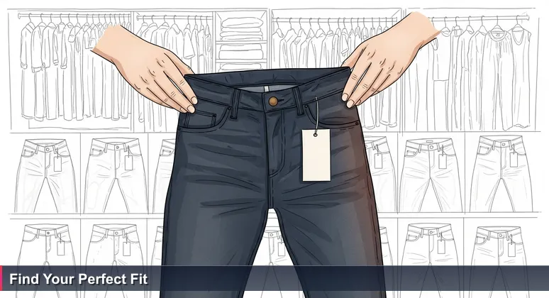 Hands holding a new pair of jeans with a dangling price tag against a waist, with a closet full of similar jeans in the background, symbolizing the search for the perfect tech coworking space fit in San Antonio.