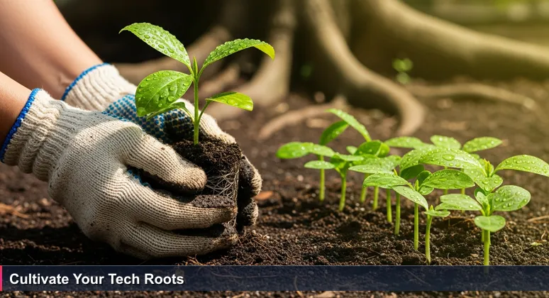 Close-up of gardener's gloved hands planting a young seedling in dark, fertile soil, symbolizing junior developers finding growth opportunities in San Antonio's tech startups.
