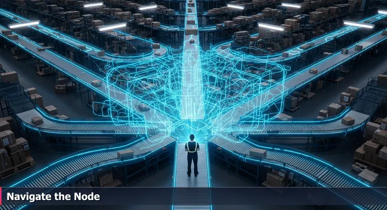 Top-down view of an Amazon fulfillment center at night with a worker navigating conveyor belts, symbolizing AI career navigation in Rancho Cucamonga's tech ecosystem.